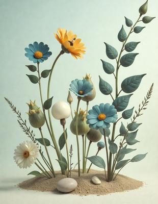 The primary subject of the image is a beautifully arranged bouquet of flowers, including daisies and other flowers, placed on a sandy surface. The setting is a sandy area, possibly a beach or a garden, with a blue background. The visual style is a combination of photo and digital art, creating a vibrant and lively atmosphere. The colors and mood of the image are predominantly blue and yellow, with a touch of white, giving it a warm and inviting feel.
